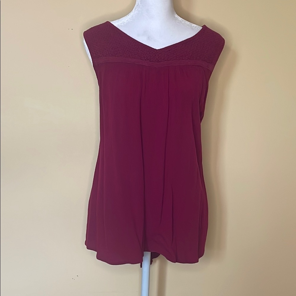 Burgundy Red Pleated Tank Top with V-Neck
